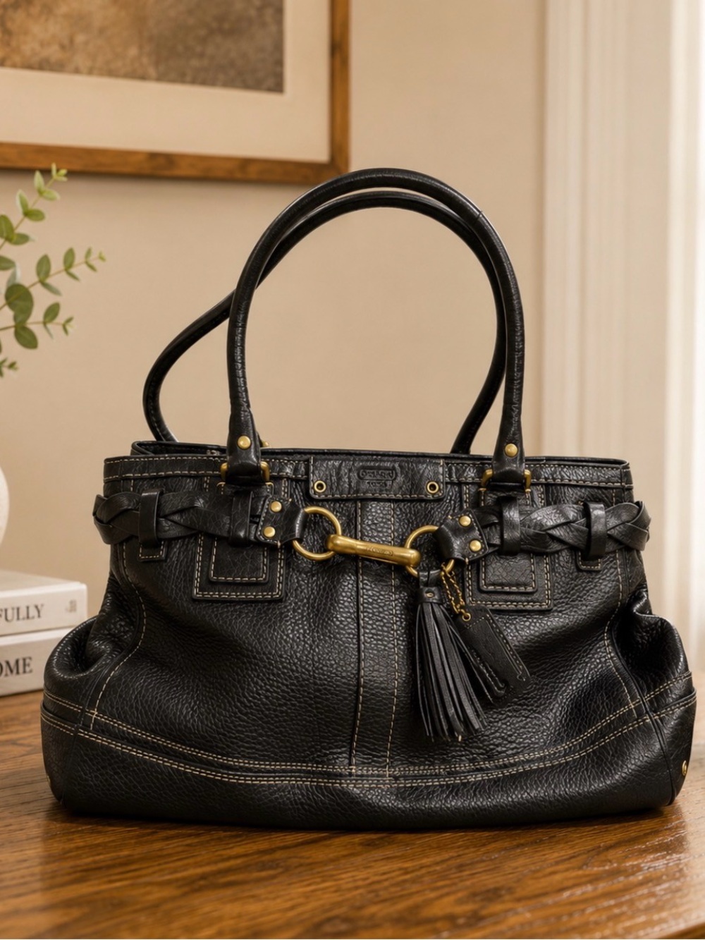 Coach Black pebbled Leather Hampton Tote bag with Gold-Tone Hardware  10529